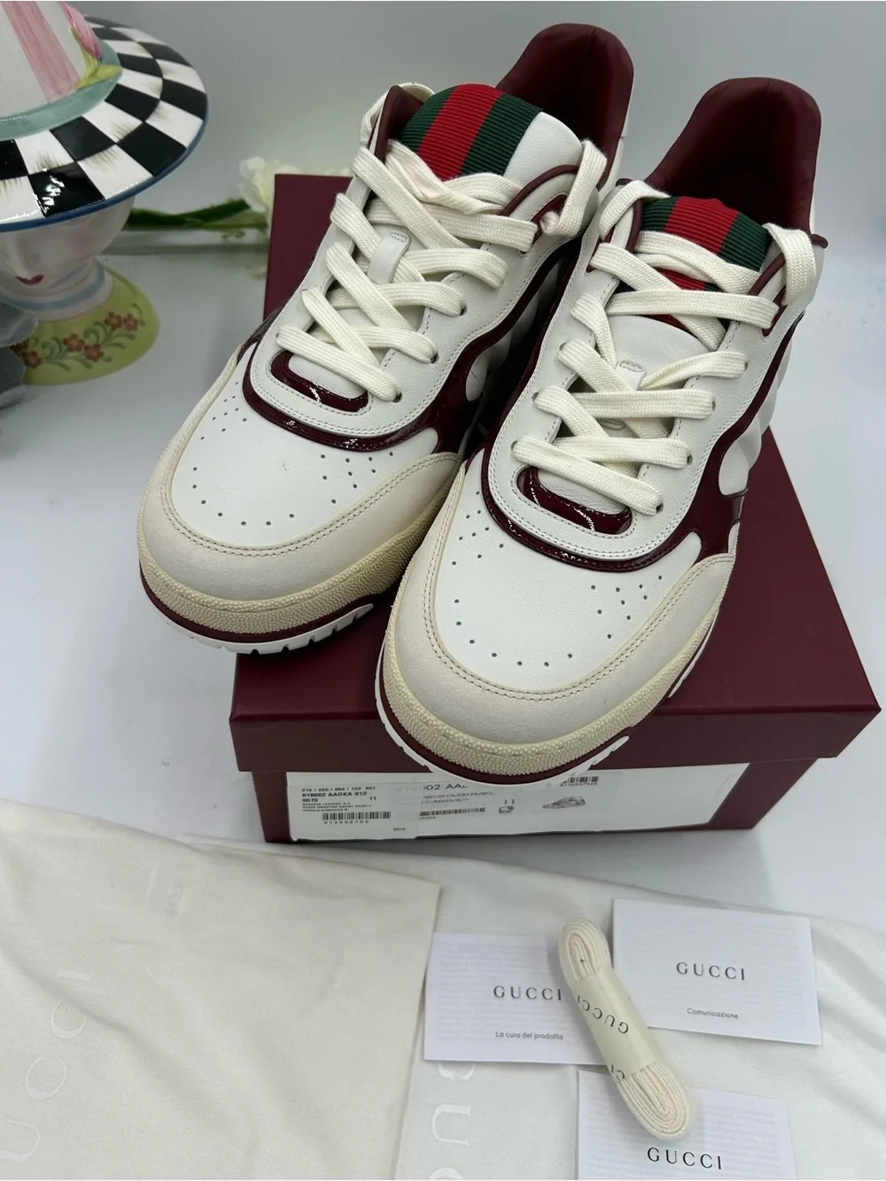 Men's Gucci re-web sneakers in white leather and patent trim size 11 fits 12 US